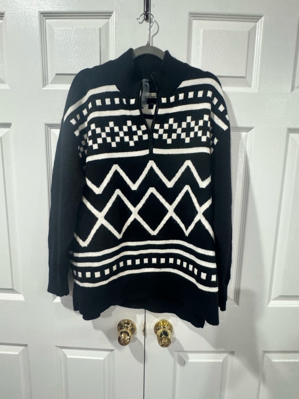 Lou & Grey Black and White Geometric Half-Zip Turtleneck Sweater